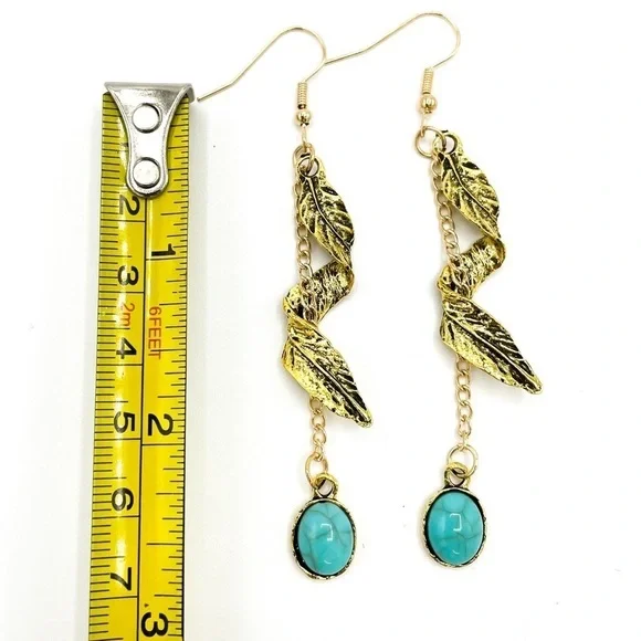Boho Chic Festival Gold tone & Faux Turquoise dangle earrings - Picture 4 of 6